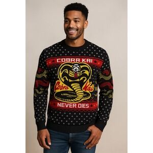 Cobra Kai Never Dies Ugly Christmas Sweater Black Yellow Red Adult XL